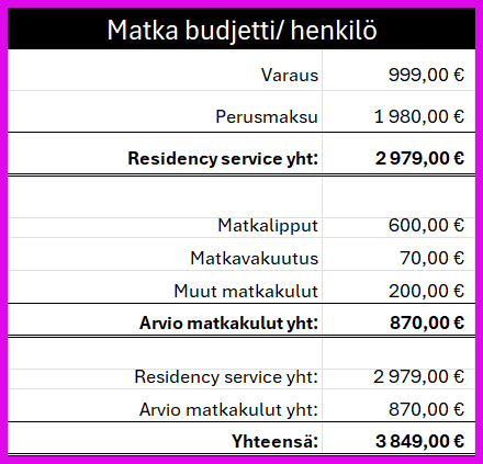 Tässä on arvio vain matkan kuluista.